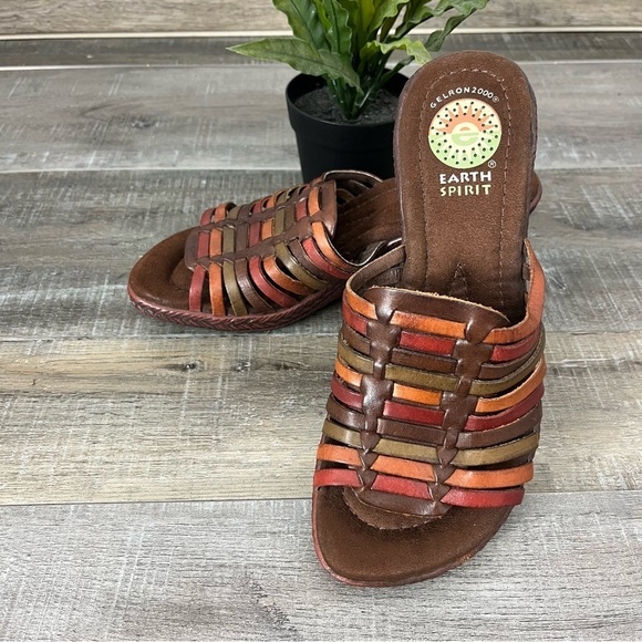 EARTH SPIRIT Gelron Birch Leather Brown Earthtone platform Sandal Slide Size 6.5 - Picture 4 of 11